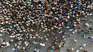 People aerial. Large group of people top view.